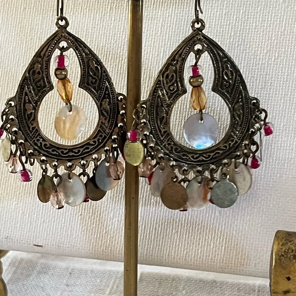 Vintage Bohemian brass mother of pearl earrings..